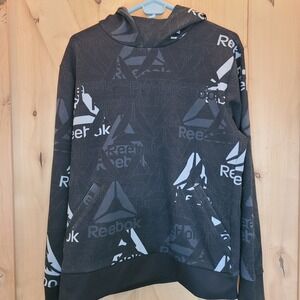Reebok All Over‎ Print Hoodie Pullover Sweatshirt Black Gray Medium M